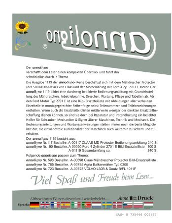 Claas Mähdrescher Protector (der SENATOR-Klasse) & Ford 4 Zyl. 2701 E Bild- Bedienungsanleitung & Bild-Ersatzteilliste & Explosionszeichnungen - annoligno 1119